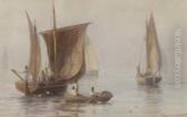 Fishing Boats In Calm Waters Oil Painting by Charles Mottram