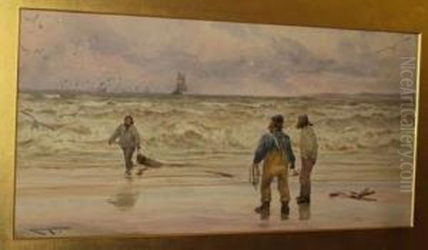 Fishermen On The Shore Gathering Driftwood Oil Painting by Charles Mottram