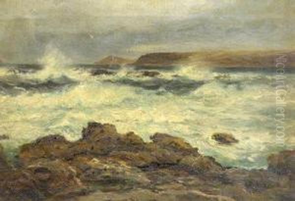 Rough Seas Off A Rocky Shore Oil Painting by Charles Mottram