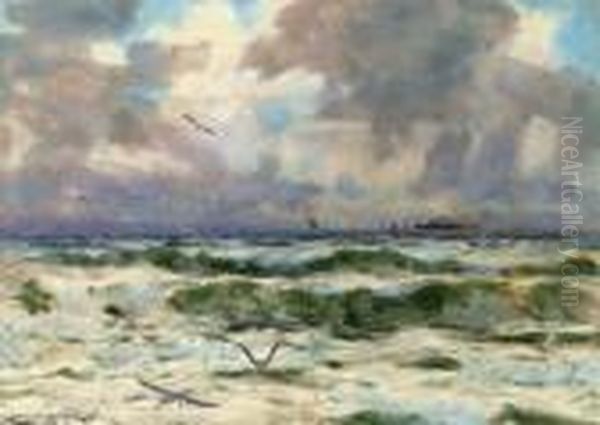 Gulls Playing In The Surf Oil Painting by Charles Mottram