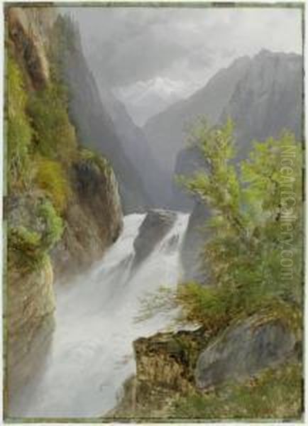 Rushing Mountain Stream Oil Painting by Luc Henri Mottu