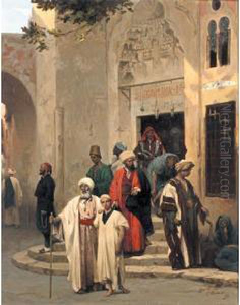 Personnages Sortant D'une Mosquee Oil Painting by Louis Claude Mouchot