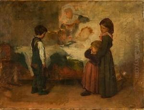 Enfants Pres Du Lit De Leur Mere Oil Painting by Antoine Edouard Joseph Moulinet