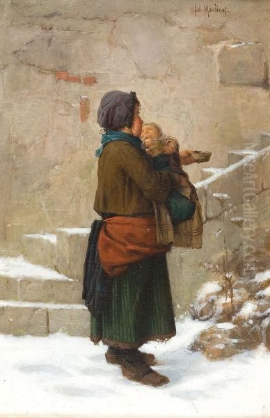 Mendiante Et Enfants Dans La Neige Oil Painting by Antoine Edouard Joseph Moulinet