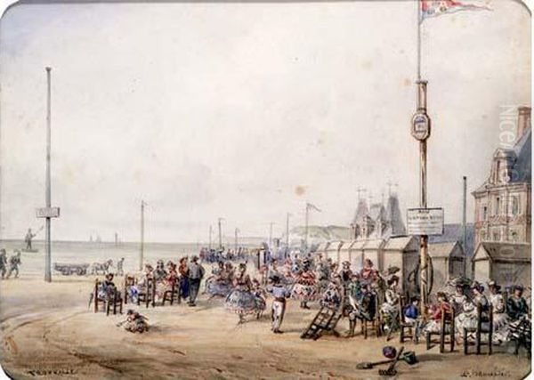 La Plage De Trouville, Circa 1865 Oil Painting by Louis J.B. Moullin