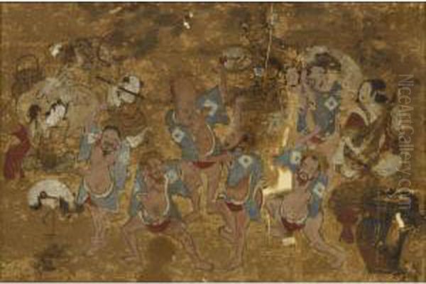 A Section Of Makimono Mounted On Board, Possibly 18th Century Oil Painting by Makimono Mounted