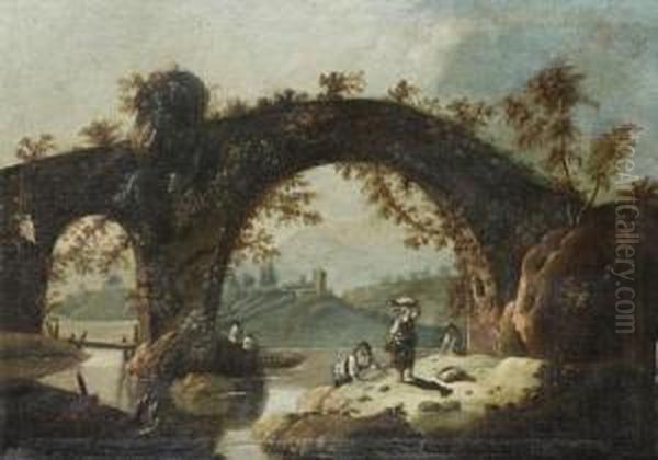 An Italianate Landscape With Washerwomen At A River Oil Painting by J. Mourell