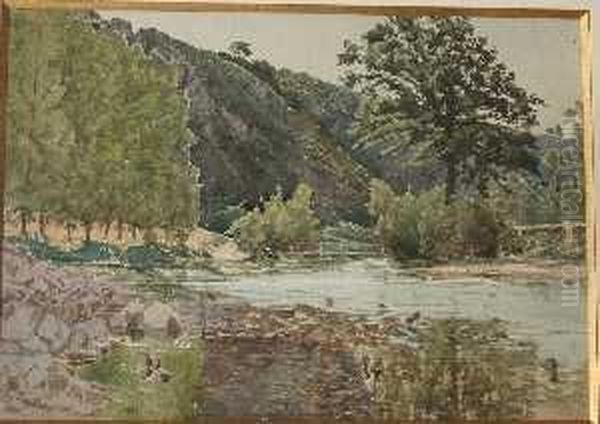 Paysage A La Riviere Oil Painting by Henri Laurent Mouren