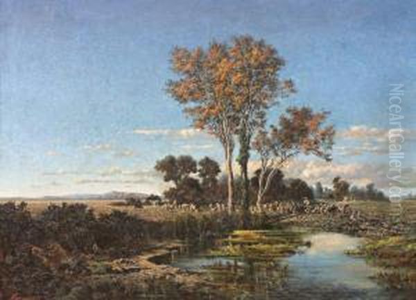 Le Repos Du Troupeau Sous Les Arbres Oil Painting by Henri Laurent Mouren