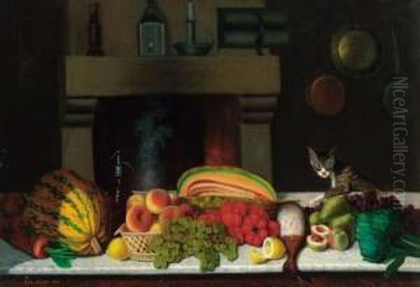 A Selection Of Fruit And Vegetables On A Marble Ledge In A Kitchen,a Cat Alongside Oil Painting by Achille Ernest Mouret