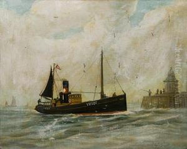 Yarmouth Trawler 'mafreen' Off The Pier Oil Painting by Claude Mowle