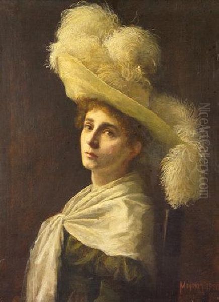 Woman Wearing A Plumed Hat Oil Painting by Richard Thomas Moynan