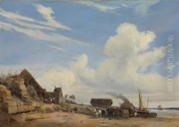 Bord De Mer A Trouville Oil Painting by Charles Louis Mozin