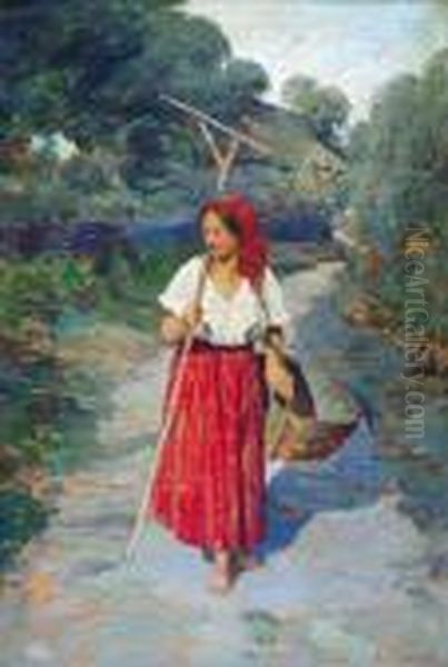 Wiejska Dziewczyna Oil Painting by Frantisek Mrazek