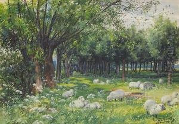 Sheep In A Wooded Landscape Oil Painting by Louis Fairfax Muckley