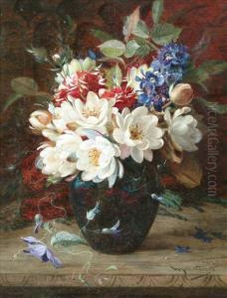 Stilllife With A Vase Of Flowers Upon A Ledge Oil Painting by William Jabez Muckley