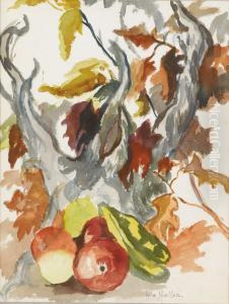 Untitled Still Life With Fruit And Autumn Leaves Oil Painting by Lola Mueller