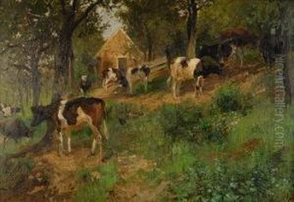 'keuhe Grasen' Grazing Cattle In Woodland by Albert Ernst Muhlig