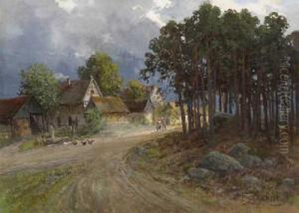 Sommer (haidedorf Bei Gewitterstimmung) Oil Painting by Albert Ernst Muhlig