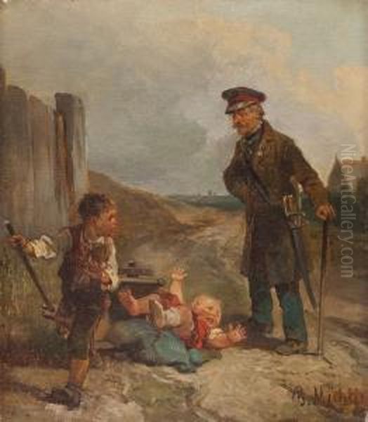 Alter Soldat Mit Spielenden Kindern Oil Painting by Bernhard Muthlig