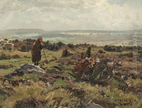 Schafer Mit Herde Bei Merzhausen In Der Schwalm Oil Painting by Hugo Muhlig