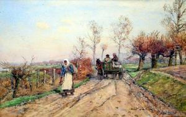 Niederrheinlandschaft Mitbauerin Und Kutschenwagen Oil Painting by Hugo Muhlig