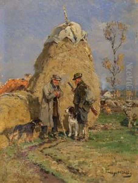 Hirte Und Jager Vor Einemheuhaufen Oil Painting by Hugo Muhlig