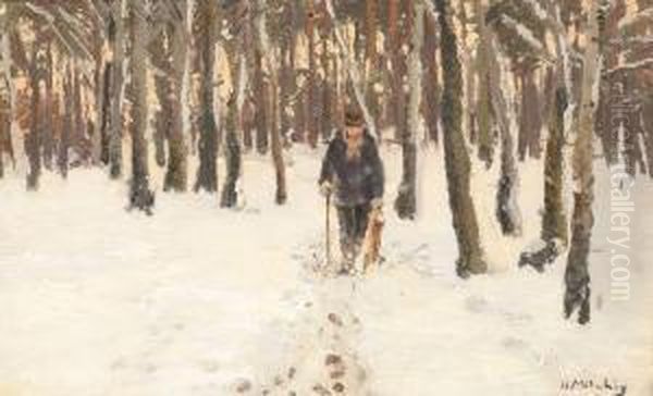 Spazierganger Im Winterlichen Wald Oil Painting by Hugo Muhlig