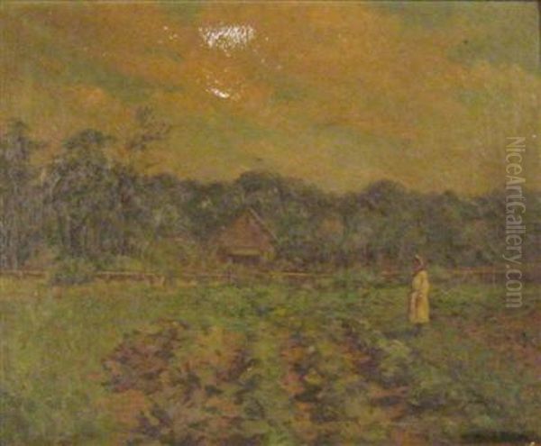 Untitled (girl In A Field By A Cabin) Oil Painting by Philip Muhr