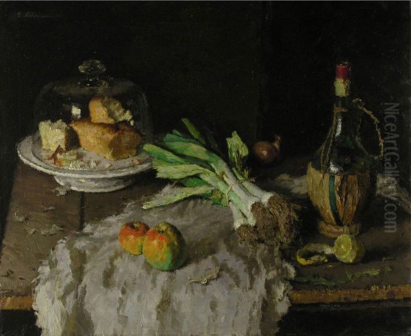 Stillleben Mit Lauch, Fiasco Und Brotglocke Sowie Apfeln Oil Painting by Ludwig Muhrmann