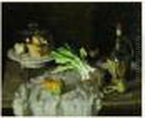 Nature Morte A La Cloche En Verre, Poireaux Et Bouteille De Vin Oil Painting by Ludwig Muhrmann