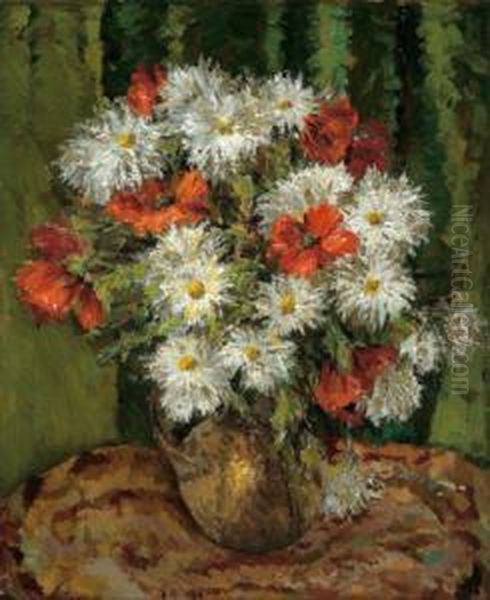 Daisies And Poppies In A Vase Oil Painting by Ludwig Muhrmann