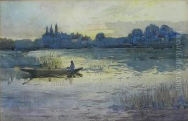 Punting Under An Evening Sky Oil Painting by John Muirhead