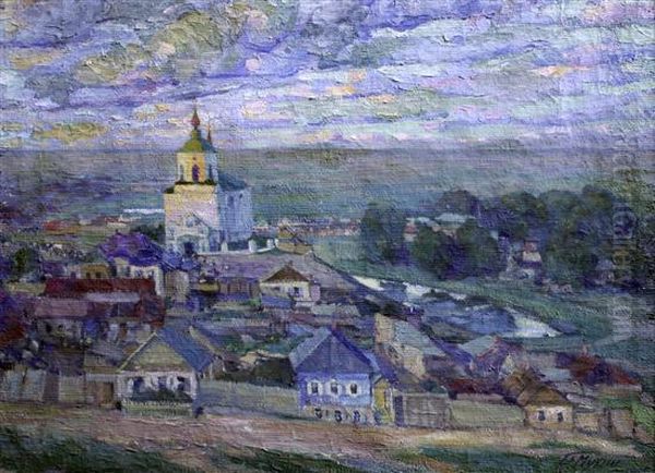 Landscape With Village And Church Oil Painting by Vera Ignatierna Mukhina