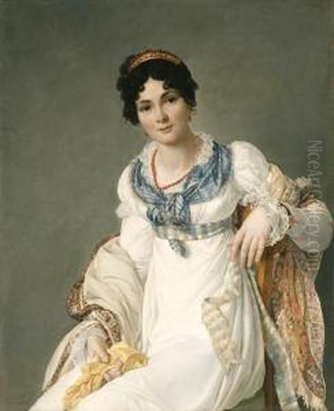 Portrait Of A Lady, Seated Three-quarter Length, Wearing A Whitedress With A Paisley Shawl And Holding A Glove Oil Painting by Francois Henri Mulard