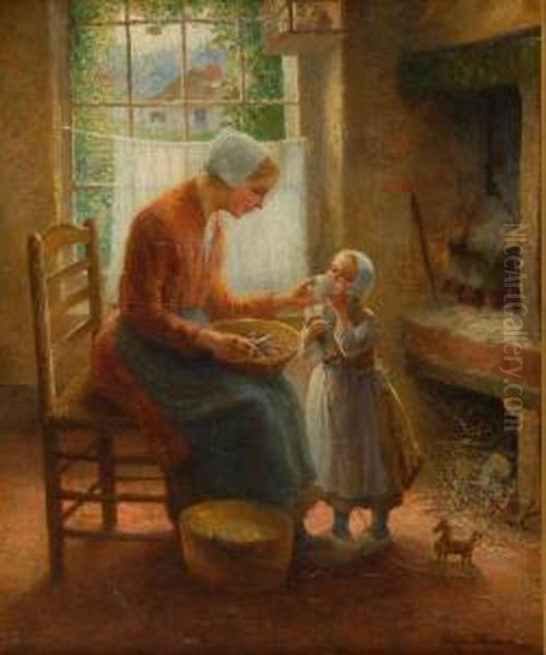 Interior Domestic Scene With Mother And Daughter Seated By A Fire. Oil Painting by Carl Eugene Mulertt