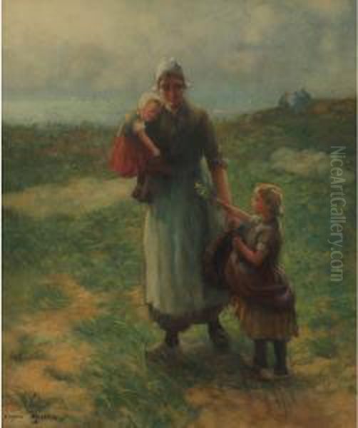 Mother And Children Oil Painting by Carl Eugene Mulertt