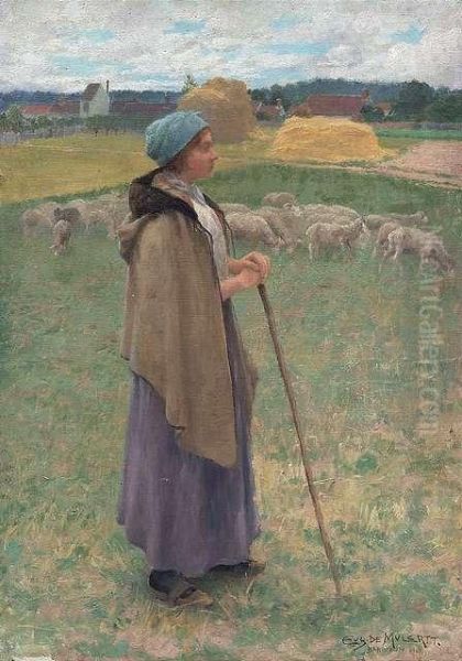 Shepherdess With Her Flock On A Summery Meadow Oil Painting by Carl Eugene Mulertt