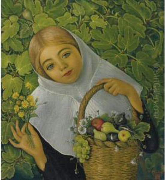 Gathering Fruit And Flowers Oil Painting by Vicente Mulet Y Claver