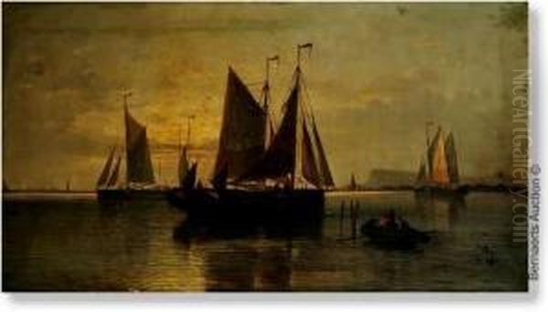 Marine With Yachts At Sunset Near The English Coast. Canvas. Signed And Dated A.mulholland/1884. Slightly Damaged In The Bottom Right. Oil Painting by St. Clair Augustin Mulholland