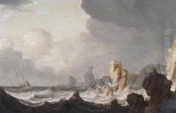 A Ship Foundering On Rocks In A Storm With Figures Praying On A Rocky Outcrop Oil Painting by Pieter the Younger Mulier