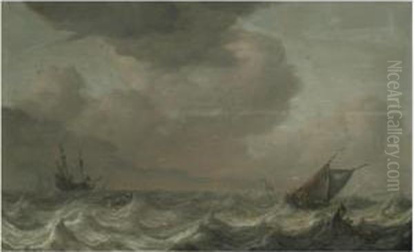 A Dutch Merchant Vessel And Other Shipping In Choppy Waters Oil Painting by Pieter the Younger Mulier