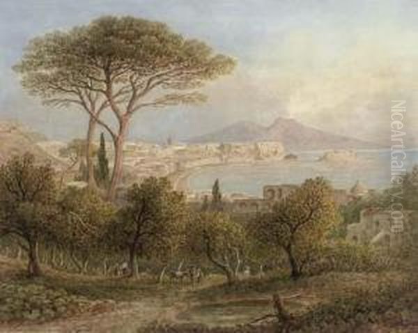 View Of The Bay Of Naples, Vesuvius Beyond Oil Painting by R. Mulle