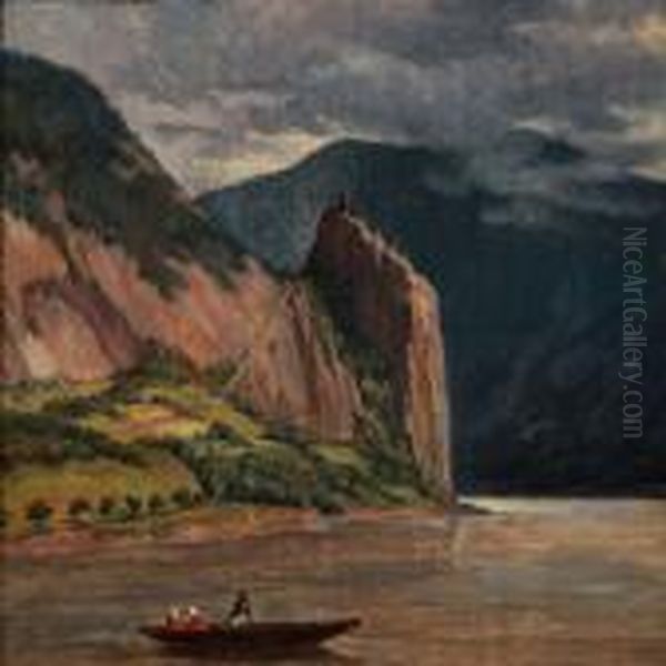 Riverscape With A Boat Oil Painting by Adam Muller