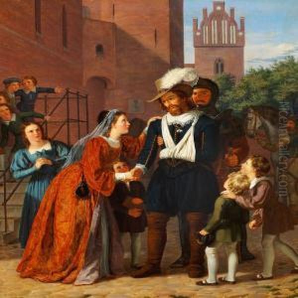 The Wounded Herluf Trolleis Received By His Wife Birgitte Gjoe And The Pupils From Theboarding School On His Return To Herlufsholm Oil Painting by Adam Muller