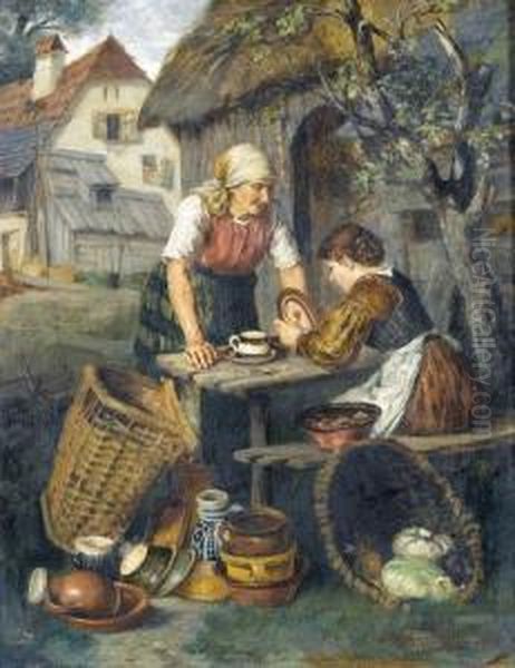 Dorfszene Mit Geschirrhandlerin. Oil Painting by Adolf Muller