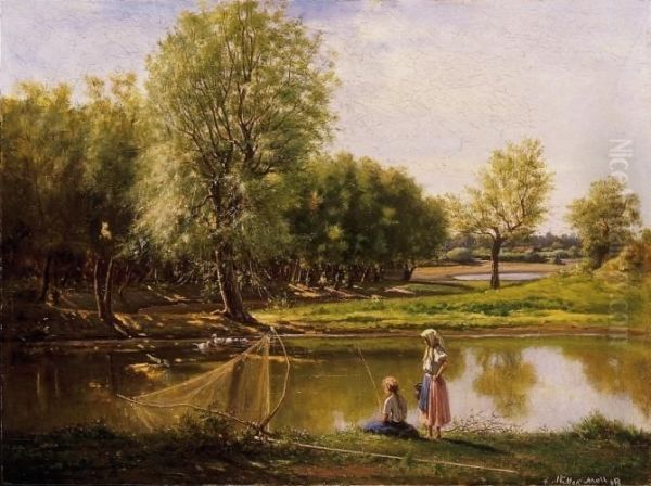 Children, Fishing Oil Painting by Adolf Muller