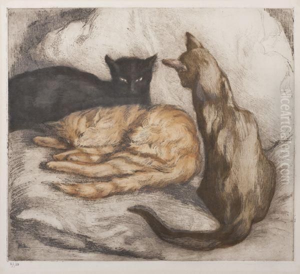 Les Trois Chats Oil Painting by Alfredo Muller