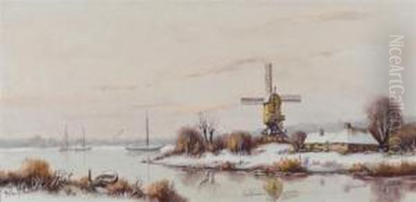 A Winter Dutch Scene With Windmill Beside Water And Boats Oil Painting by Anton Muller