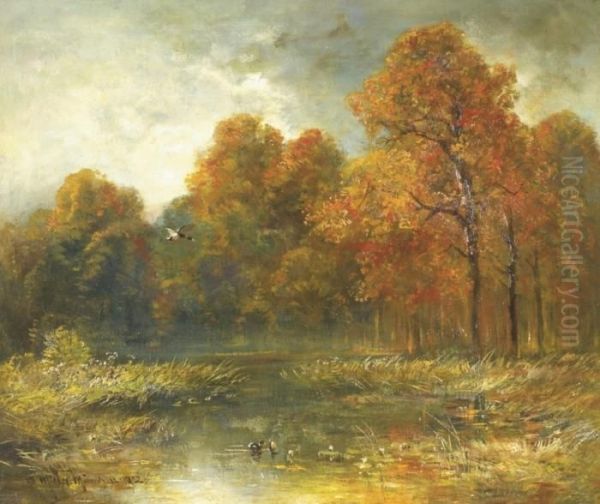 Herbstbild In Gewitterstimmung Mit Enten Am Schilfigenteich Oil Painting by C. Muller